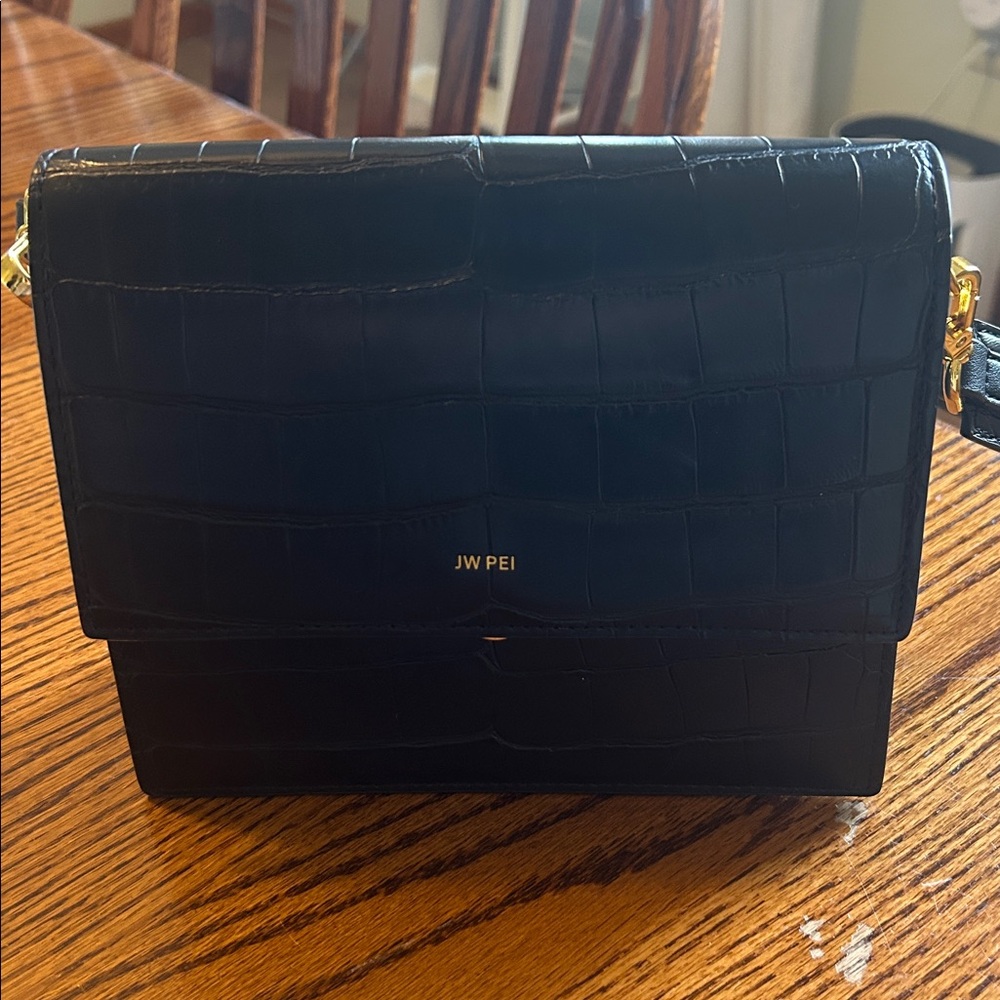 JW PEI Black Croc-Embossed Shoulder Bag